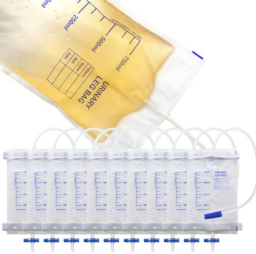 rngwaper 10pcs 750ml Beinbeutel Urindrainagebeutel, Urinbeutel mit Anti-Reflux-Folie, Urinsammelbeutel Drainagebeutel mit Ventil Ablass Stoffbänder (Transparent)