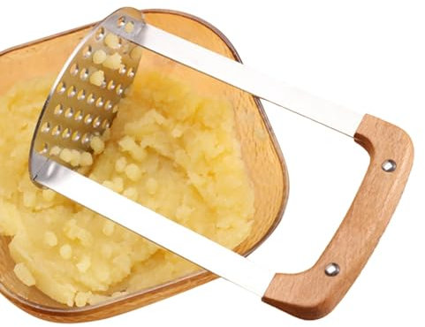 Schiacciapatate, schiacciapatate a mano in acciaio inox – tritatutto integrato con manico in legno per patate, avocado, fagioli,