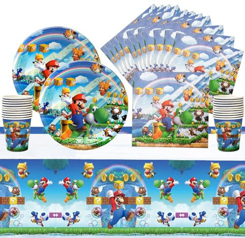 Amazluck Kindergeburtstag Partygeschirr Set, 41 Stück Einweggeschirr Set Happy Birthday Deko Birthday Decorations mit Pappteller Papiertischdecke Servietten Becher Deko Kindergeburtstag