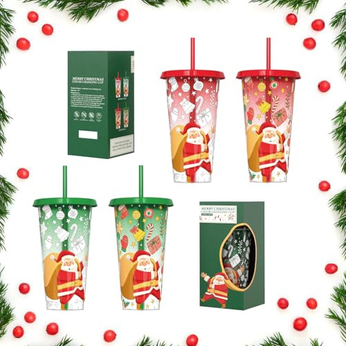 4 PCS Christmas Color Changing Cups Santa Claus Reusable Drinking Plastic Cups Xmas Tree Iced Coffee Mug with Lids and Straws Christmas Party Magic Cold Drink Bottle for Kids Adults Travel Mugs