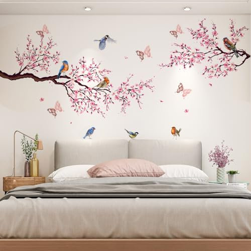 Stickers Muraux, 4 Pièces Autocollants Décoratifs, Oiseaux Decoratifs, Fleurs de Cerisier Decoration Murale Chambre, avec 12 Pièces 3D Autocollant Papillon, Deco Chambre Ado Fille, Salon