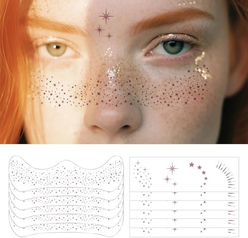 Calker 12 Stück Roségold Glitzer Sommersprossen Tattoo, Gesicht Glitzersteine Für Make-Up, Sparkle Freckles, Strahlende Tattoo Aufkleber Für Karneval, Party