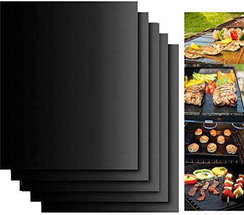 BBQ Grillmatte, 5 Stück Grillmatten für Holzkohle, Grillmatte für Gasgrill, Antihaft Wiederverwendbar Grillmatten 40x33cm, Antihaft Teflon Backfolie PFOA frei für Gasgrill, Holzkohle und Backofen