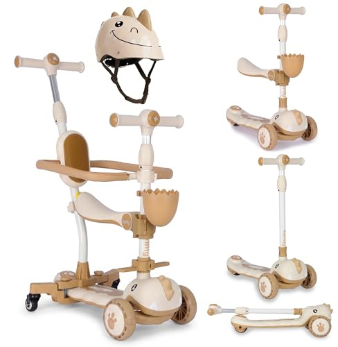Twinly Dinly Kinderroller 3 in 1 mit Sitz, Helm & LED-Rädern, Weiß | Klappbar, Elternlenkstange, Bis 30 kg