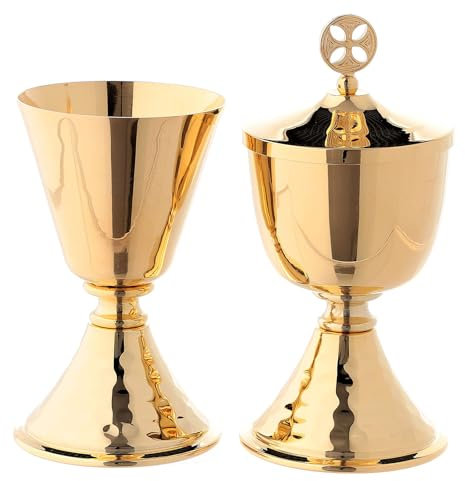 Holyart Cáliz y Copón de Viaje Nudo Simple Base martillada latón Dorado 24k, CálizAltura píxide Doble: 11.5 cm|Diámetro Copa Cáliz: 6 cm|Diámetro píxide: 6 cm|Altura cáliz: 12 cm