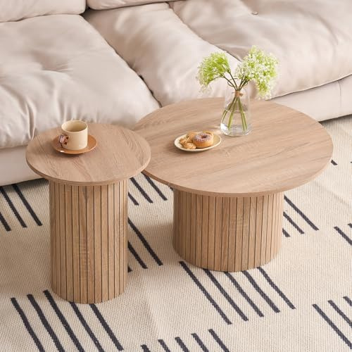 JZGORC 2er-Set Moderner Runder Couchtisch, Römische Säulenbasis, Runder Sofa-Beistelltisch im Landhausstil, Geeignet für Wohnzimmer, Büro – Hellbraun