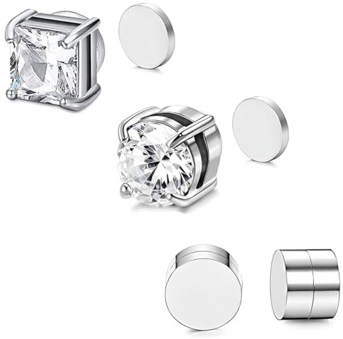 Pendientes Magnéticos de Iman para Hombre - Plata, Diamante, 6 mm, 3 Pares
