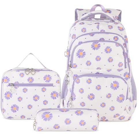 goldwheat Daisy Printed Backpacks With Lunch Pack Pencil Case 3pcs, Lightweight Water Resistant Bookbag For Middle School