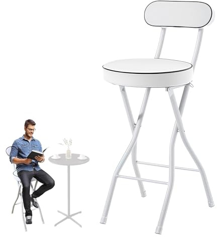 Generico Sgabello Alto Pieghevole Imbottito con Schienale, Sedia da Bar Richiudibile 75 70 65 60 55 cm con Poggiapiedi per Cucina, Ufficio, Negozio(Bianco,55cm (22inch))