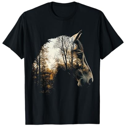 Stampa Artistica con Immagine di Un Cavallo e Una Foresta per Amanti degli Animali Maglietta