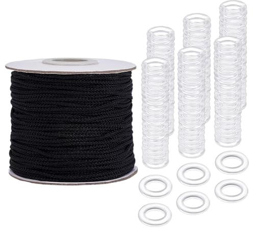 PH PandaHall 55 Yards 2mm Roman Curtain Cord Braided Blind Cord with 100pcs Clear Lifting Curtains Rings 14mm Acrylic Blind Rings for Lift Shade Curtain Gardening Curtains Roman Shade
