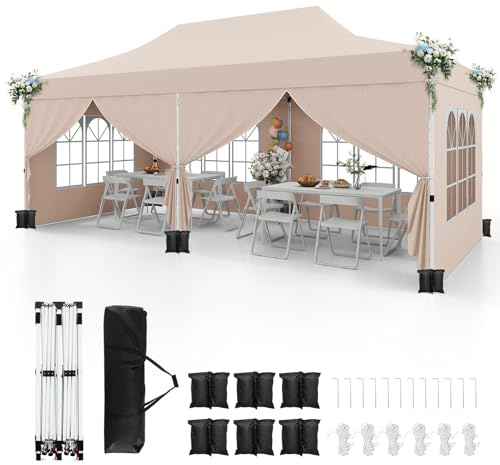 FANTASK Pavillon, Gartenpavillon, Faltpavillon, Partyzelt mit 6 abnehmbaren Seitenwänden & Sandsäcke, UV-Schutz 50+, wasserabweisend, Winterfest, stabil (Beige)