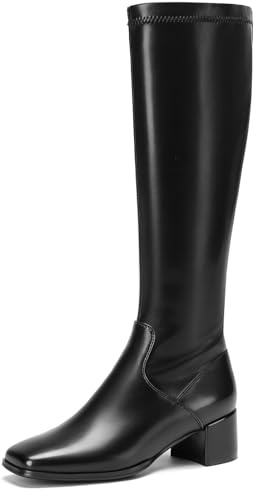 Cozivwaiy Knee High Black Boots for Women Square Toe Stretch Boots Tall Boot Pu Leather Comfortable Low Heel Dress Shoes Half Zipper Size 7.5