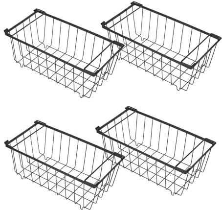 Cestas de Alambre de Hierro Negras con Asas para Congelador, 4 Piezas | Organización de Alimentos, Uso en Refrigerador y Despensa de Cocina, Formato Apilable para Aprovechar Espacio