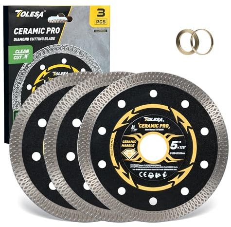 TOLESA Diamant Trennscheibe 125mm Extra Dünn, für Fliesen, Marmor, 3tlg | Extra dünner Diamantrand, 2mal längere Lebensdauer, saubere Schnitte in Keramik und Granit, nass oder trocken, 12000 U/min