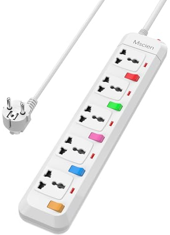 5 Way Travel Mscien Extension Lead, 5 Individual Switches UK to EU Mountable Overload Protection Power Strips with 1.8M Extension Cord
