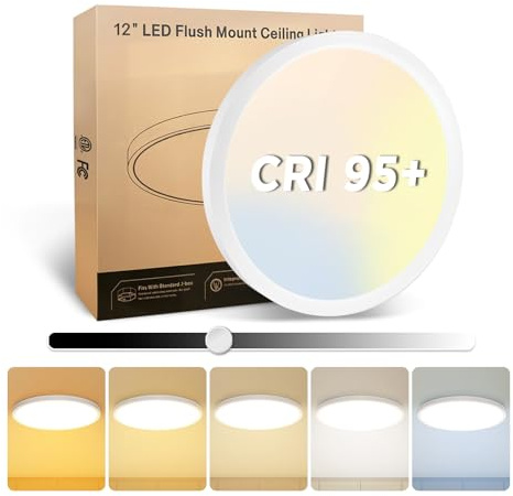 EOSMILE 1Pack 12 Inch LED Flush Mount Ceiling Light, 25W, 3000LM, CRI 95+, 2700K-5000K 5Color Selectable & Dimmable, White Thin Flat Surface Mount Lights for Bedroom, Hallway, Dining Room, Garage