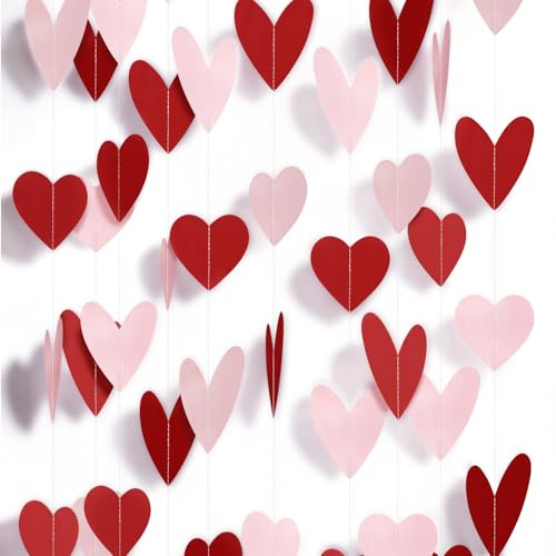 8 Pack Red Pink Heart Garland Valentines Decorations Heart Paper Streamers Banner for Valentines Galentines Birthday Bridal Shower Wedding Engagement Anniversary Party Supplies