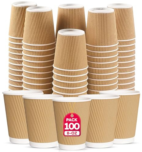 CHEF ROYALE 100x 8oz Disposable Coffee Cups with Lids - Takeaway Paper Cups for Hot & Cold Drinks - Kraft Triple Walled Ripple Cups for Home & Outdoors - Ideal for Events (with Lids)