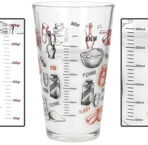 MamboCat Trinkglas Organic Rezept I 0,3L I Messbecher mit Skala in Milliliter & Gramm I Rezept-Motiv in Rot & Schwarz I Messbecher & Trinkglas I Backen & Kochen