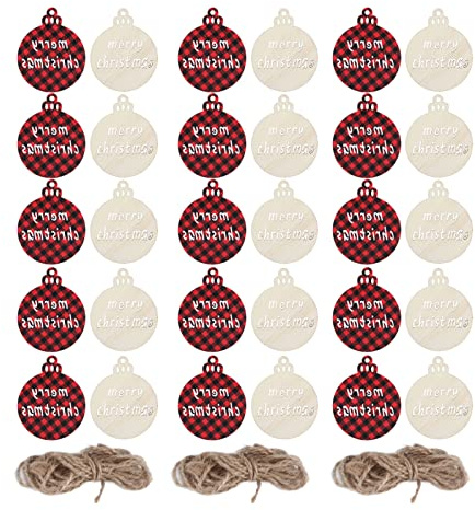 ANKROYU 30 Stück Buchsbaum mit Hanfseil Holz-Weihnachtsbaumschmuck rot schwarz Kariertes Muster Weihnachtsschilder Dekorationen für drinnen und draußen Weihnachtsdekoration