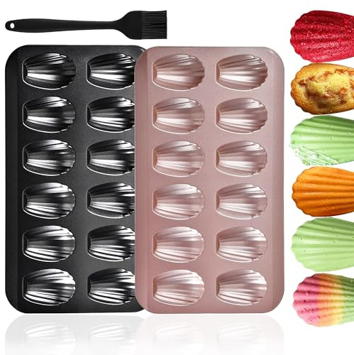 Akranini Madeleines Backform, 2 Stück Non-Stick 12 Cup Madeleine Baking Pan, Carbonstahl Anti-Haft mit Silikonpinsel für Ofen & Madeleines Gebäck (Schwarz & Golden)