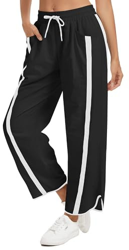 TWQTWQ Women's Wide Leg Track Pants Baggy Drawstring High Rise Side Striped Casual Lightweight Parachute Pants with Pockets(Black,Medium)