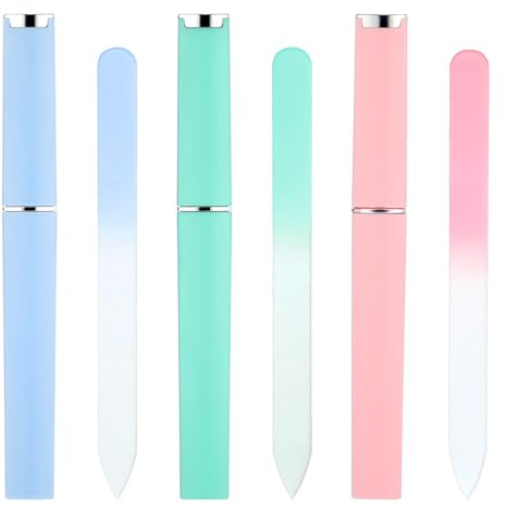 3-pack glasnagelfilar för kvinnor, glasnagelfil med fodral, dubbelsidiga kristallnagelfilar för naturliga naglar (rosa + blå + grön)