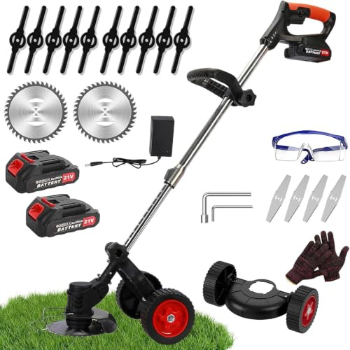 Cortasetos Inalámbrico,Desbrozadora Eléctrica Inalámbrica,Desbrozadora con 2 Baterías y Un Cargador,Mango Ajustable,4 Tipos de Hojas Eficaces para Jardín, Césped y Desmalezado Fácil (Negro)