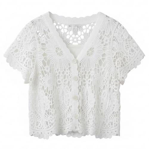 AwnsIMfreien Cardigan au Crochet Blanc élégant pour Femmes, haussements d'épaules en Dentelle à Manches Courtes avec col en V, Haut en Tricot d'été Respirant, Cardigan à Manches Courtes