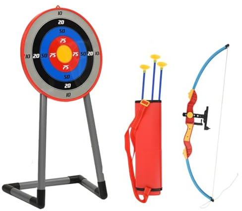 Runheo Juego de tiro con arco para niños con diana, arco de 76 cm, flechas de 56 cm, 3 flechas de ventosa, carcaj y soporte, ABS PP PE, para juego interior y exterior, coordinación y puntería