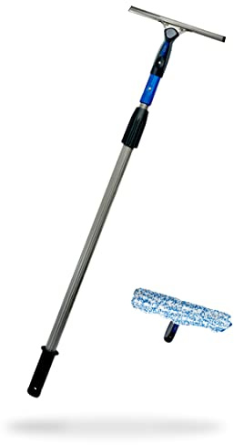 LEWI Fensterreinigungsset mit Teleskopstange (2x60 cm) – Profi Fensterwischer & Fensterabzieher je 25 cm Aluminium-Stange für hohe Fenster & Ecken - inkl. Konus & Gratisprobe GlasRein