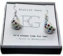 Teacup Earrings Miniature Ceramic Polka Dot Cups, Choice of Metals/Tea Quote on Insert in Gift Box