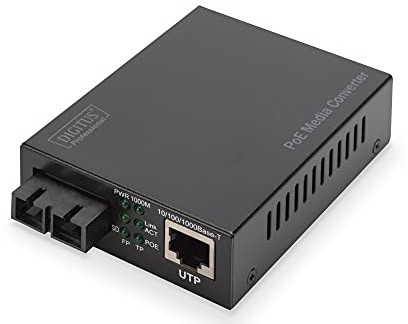 DIGITUS Medienkonverter - SM - Gbit Ethernet - RJ45 / SC - 1310nm Wellenlänge - Bis 20km - Mit PoE-Injektor - Schwarz