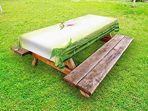 ABAKUHAUS Spa Nappe Extérieure, Orchidées Branches Bambou, Nappe de Table de Pique-Nique Lavable et Décorative, 145 cm x 265 cm, Blanc et Vert