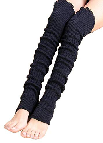 NARAMAX 1 Paar schwarze Strick-Steigbügel-Beinwärmer für den Winter, über dem Knie, hohe Füße, weiche, bequeme Zopfstrick-Beinstulpen, gestrickt, gehäkelt, lange Socken für Tanz, Sport, Yoga