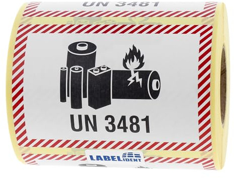 Labelident Lithium-Ionen-Batterien Transportaufkleber UN 3481, 100 x 70 mm, 500 Etiketten aus Papier auf Rolle, Gefahrgutaufkleber für Versand