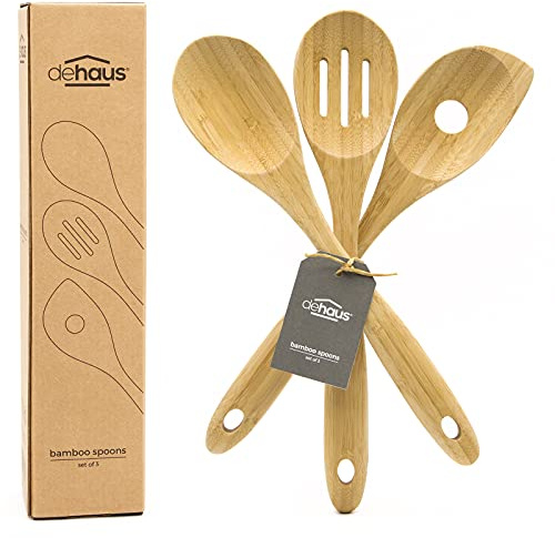 Dehaus® Premium Bamboo Wooden Spoons - Set of 3 - Luxury Slotted & Pointed Cooking Spoon - Kitchen Spoon Utensil Accessories - Wood Cooking Tools for Non Stick Pan or Wok - Mini Starter Sets