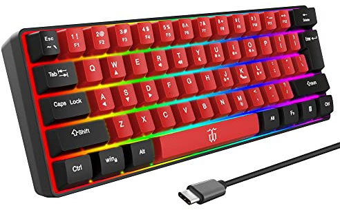 Snpurdiri 60% Wired Gaming Keyboard, Mechanical Feeling Small Mini, Portable Compact RGB Backlit for PC, Mac, Office, Gaming (61 Keys, Black-Red)