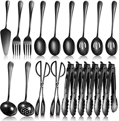 Yetene 19 Pieces Serving Flatware Set Including Stainless Steel Spatulas, Forks, Spoons, Perforated, Soup, Skimmers Spoon, Buffet Tongs, Heavy Duty Serving Tongs for Home(Black)