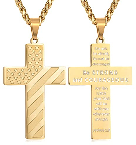 DuoDiner Gold Cross Necklace for Boys Men Pendant Chain Stainless Steel American Flag Joshua 1:9 Bible Verse Be Strong and Courageous Religious Jewelry Gift