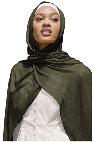 Txameru Bufanda hiyab para mujer, rayón musulmán arrugado con borde de flecos, Verde -Oliva, Large