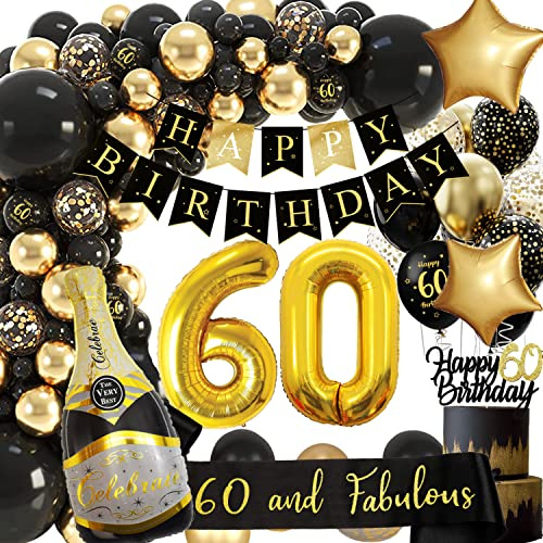 60 Geburtstag Deko Mann Frauen, Geburtstagsdeko 60, Schwarz Gold Luftballon mit Happy Birthday Girlande für 60 Männer Geburtstag Dekorationen