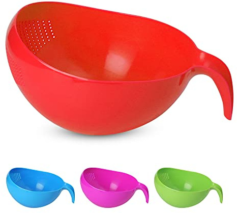 KSJONE Heavy Duty Rice Washer Strainer Colander Washing Bowl with Handle Vegetable/Rice Washer Strainer for Cleaning Fruits, Vegetables, and Beans 2.1 Qt (2L) (Red)