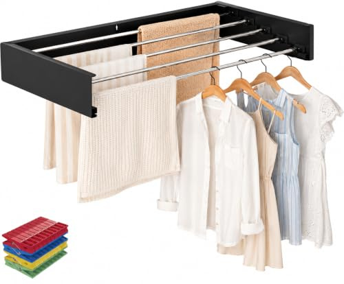 JANDTEK Wand-Wäscheständer ausziehbar Schwarz – Klappbarer Wäschetrockner zur Wandmontage aus Aluminium – 70 bis 100 cm – Matt-Schwarz – Für Innen & Außen – Inkl. Montagematerial