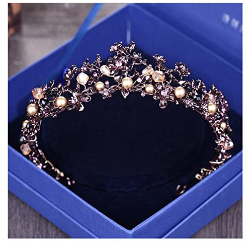 Barocke Vintage Lila Kristall Hochzeit Braut Diademe Haarband Kopfschmuck Schwarze Prinzessin Festzug Krone Braut Haarschmuck Tiara (Metal Color : H043 Vintage Color)