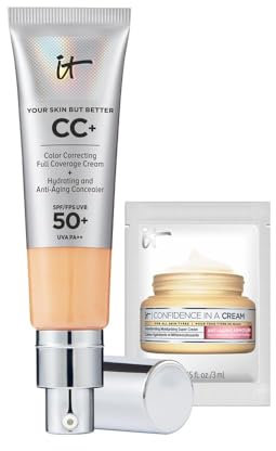IT Cosmetics Your Skin But Better CC+ Cream 32ml with SPF 50 Protection , Shade: Neutral Medium, Full-Coverage Foundation and Concealer + 3ml of Confidence In A Cream Anti-Ageing Moisturiser