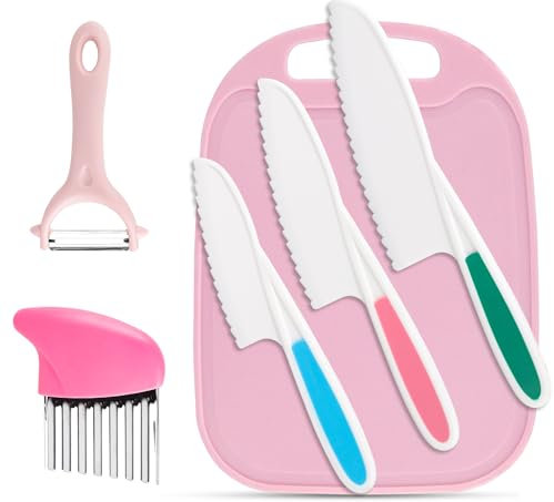 ZDNT Kindermesser 6 Stück Kinder-Küchenmesser-Set Küchenmesser Kinderküche Zubehör Kinder Küchenmesser Kinder Messer Set für Kleinkinder, inklusive Holzmesser Schneidebrett Schäler Wellenmesser