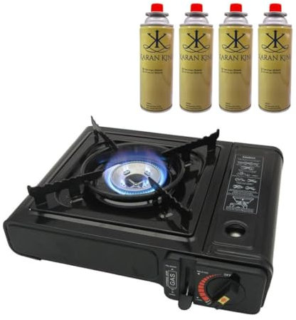 ASMGOLD Portable Gas Stove with Carry Case-For Outdoor Camping, Fishing and BBQ-Automatic Ignition System, Heat Control, Enamel Pan Support, Butane Can or LPG Gas Source-Black (Stove + 4 Butane Gas)