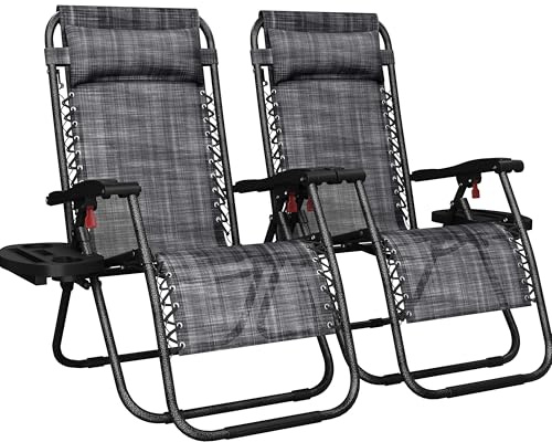 Yaheetech Zero Gravity Chairs Outdoor Adjustable Folding Sunloungers Lounge Recliners w/Pillows, Cup Holder and Carry Strap for Patio Porch Deck Set of 2